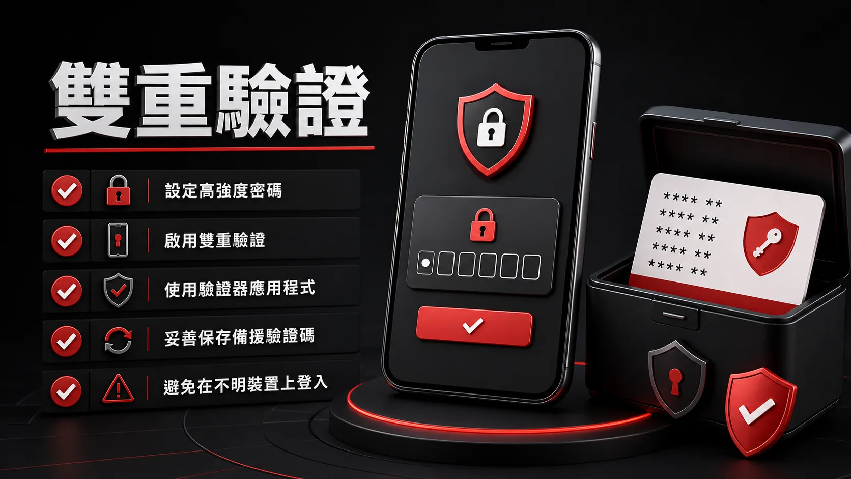 雙重驗證設定示意，包含驗證器、備援碼與已登入裝置三個檢查點