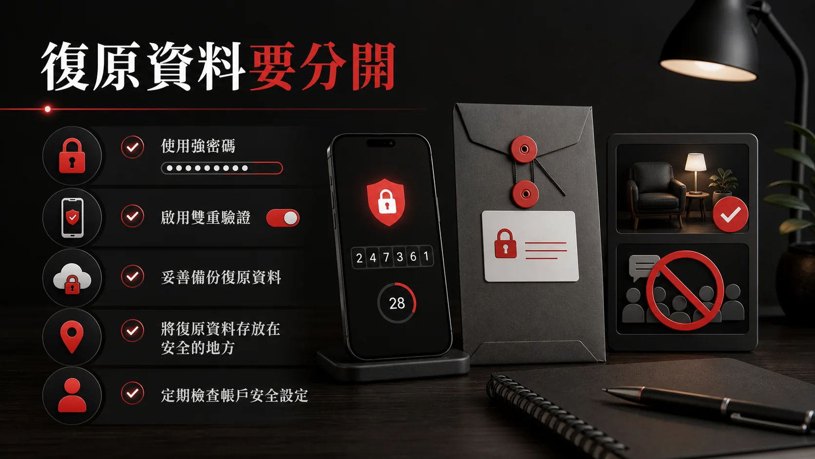 每季帳戶安全檢查流程，依序檢查密碼、雙重驗證、恢復方式與登入裝置