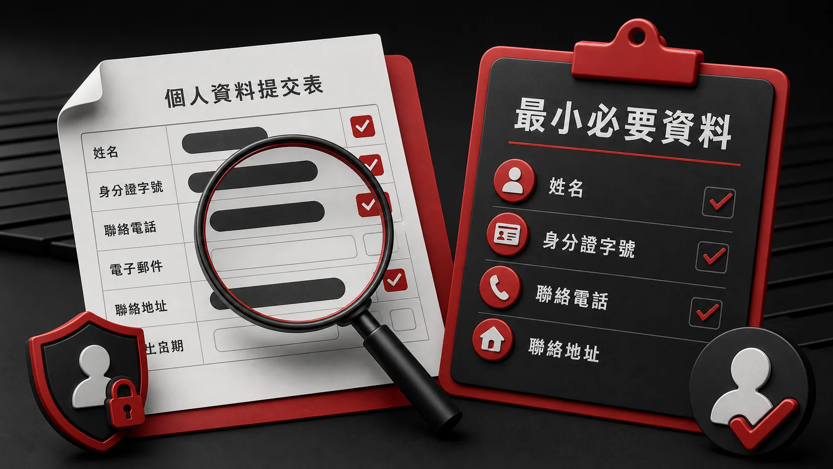 個人資料提交前的四問一停檢查卡，包含用途、入口、範圍與紀錄