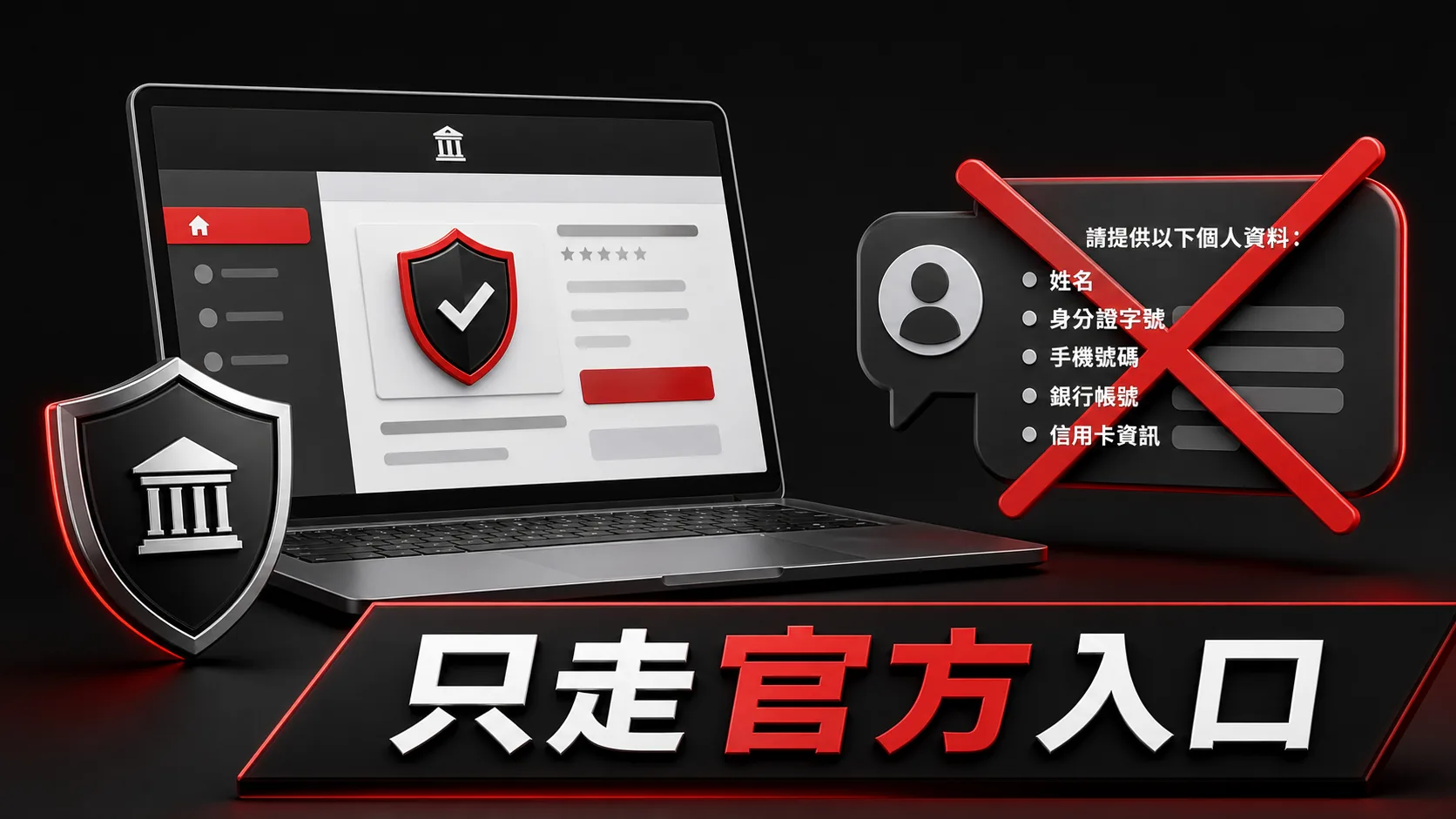 資料提交安全流程示意，先確認官方網址、裁切非必要資訊、保留案件編號