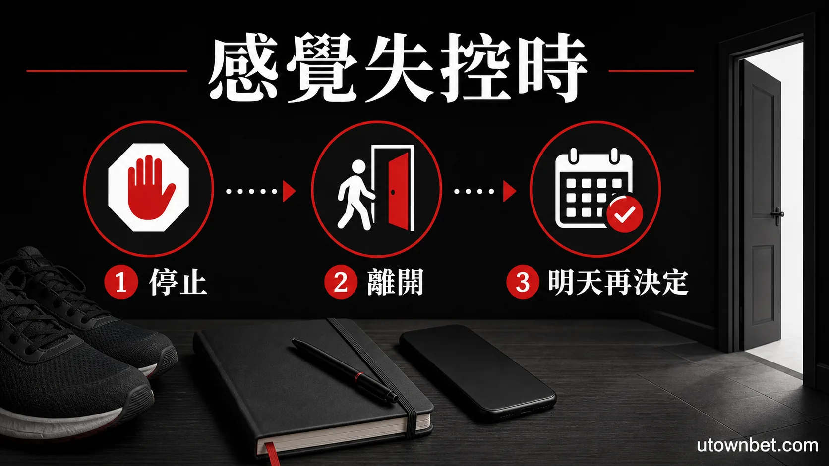 停止、離開、隔天再決定的自我提醒圖示