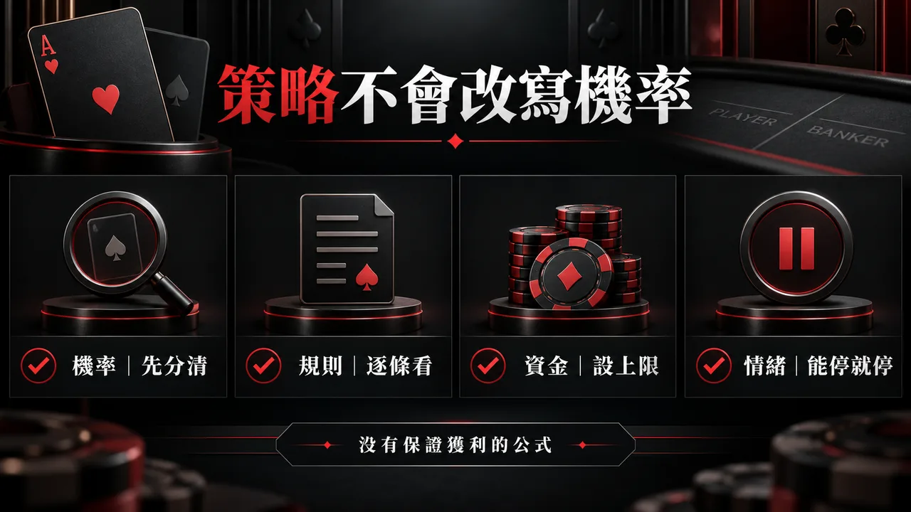 百家樂策略與機率:規則、資金上限與停手條件資訊圖