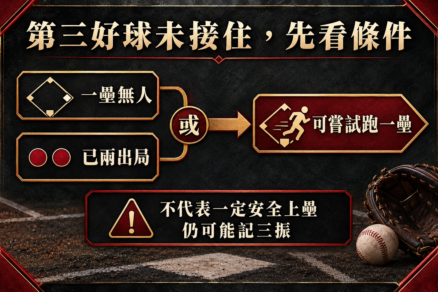 第三好球未接住時,按出局數與一壘是否有人核對能否跑一壘